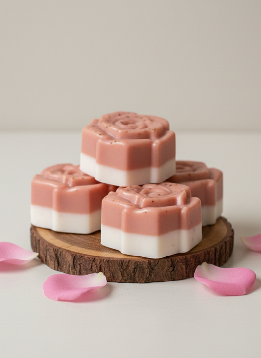 Stack of pink and white floral soap bars on a wooden stand with pink petals on a light background