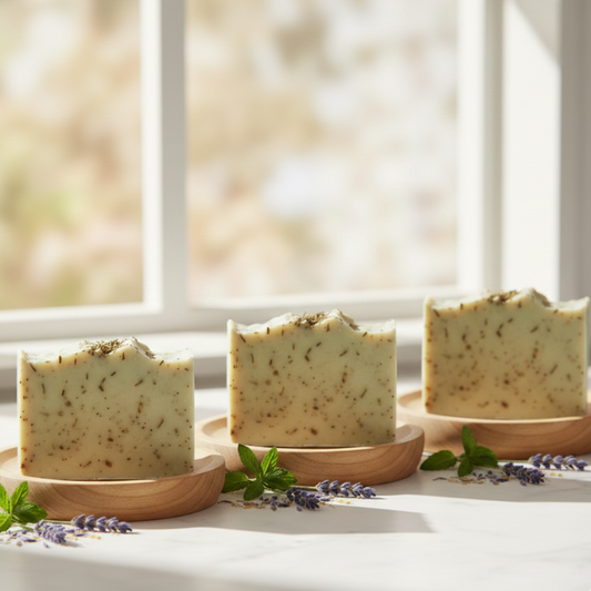 Three bars of Lavender soap on wooden stands with a blurred window background