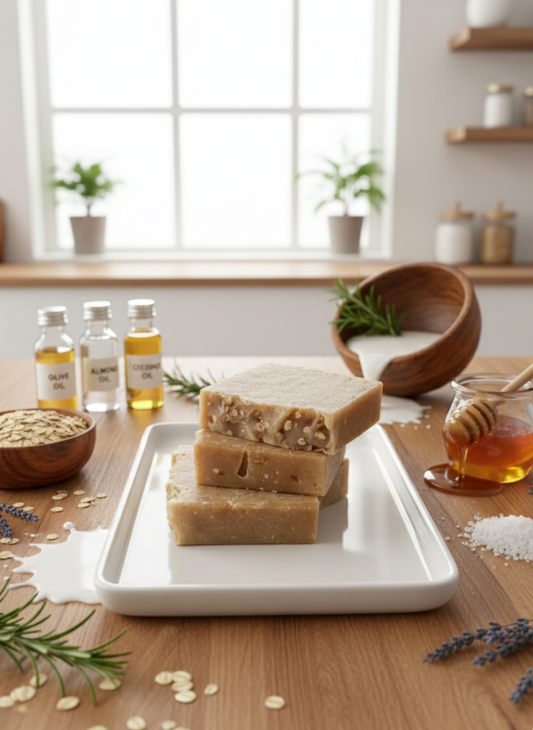Three bars of soap on a white plate with natural ingredients like honey and oats on a wooden table.