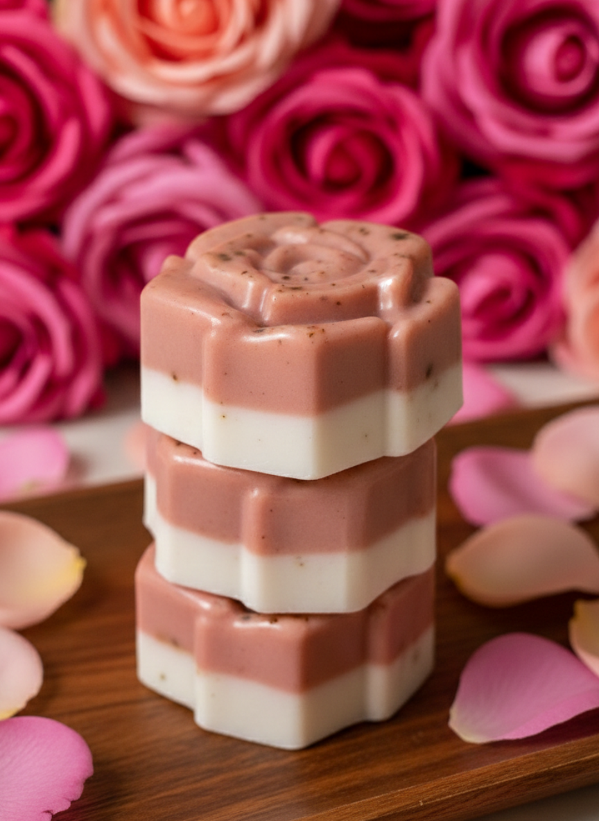 Stack of rose-shaped soap bars with pink and white layers on a wooden surface with pink flowers in the background.