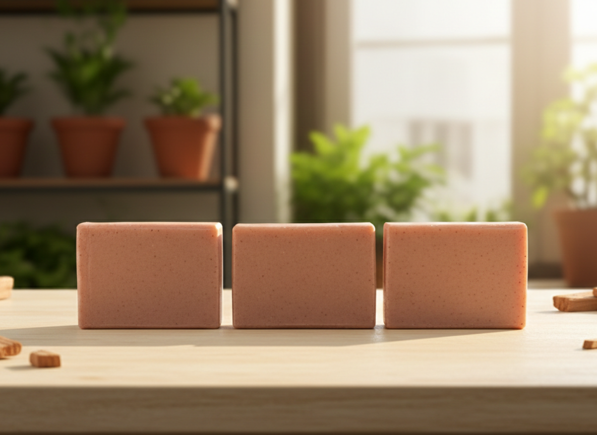 Three Sandalwood soap bars on a wooden surface with a blurred indoor background