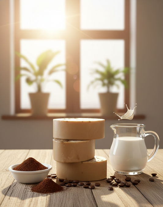 Stack of coffee soap bars with a glass pitcher of milk on a wooden surface, sunlit room with plants in the background.