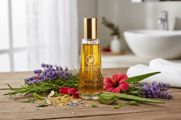 Herbal hair care solutions featuring a bottle of herbal oil surrounded by natural flowers and herbs on a wooden table.