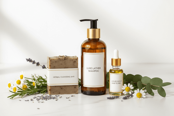 Beauty and personal care collections featuring herbal cleansing bar, luxe lather shampoo, and liquid gold hair oil.