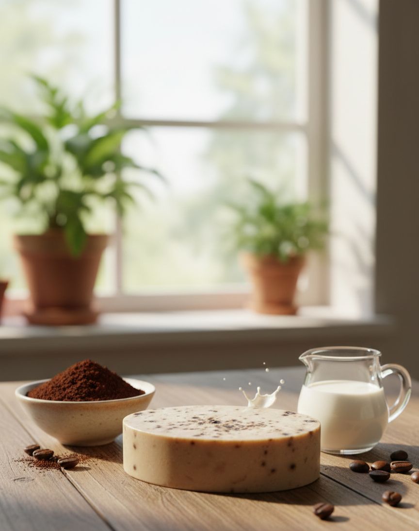 Coffee-themed setup with a cake, coffee grounds, and milk on a wooden surface.