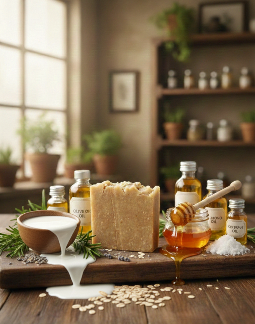 Natural skincare products including soap, oils, and honey on a wooden surface with a blurred background.