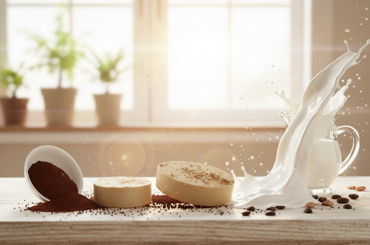 Cofee soap including coffee beans, a scoop of ground coffee, and a milk stream pouring into a cup on a wooden surface.