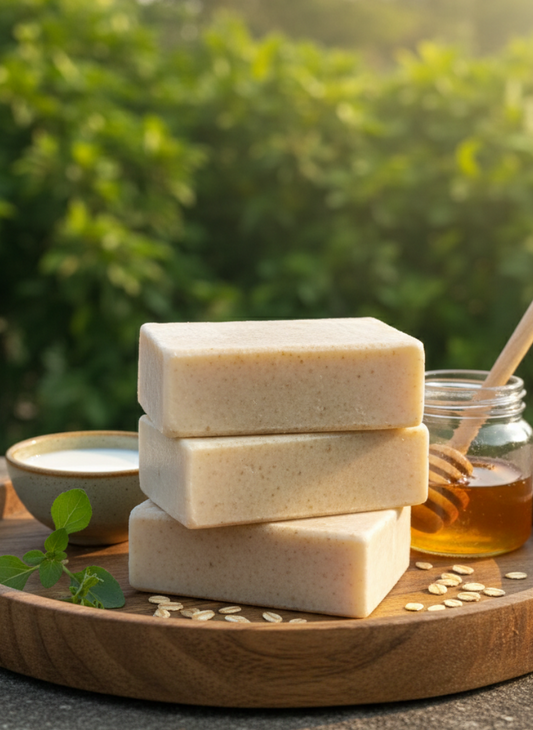  goat Milk Three bars of soap stacked on a wooden tray with honey and seeds, outdoors.