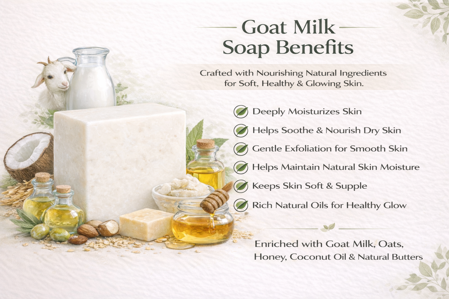 Goat milk soap with ingredients and benefits listed on a white background