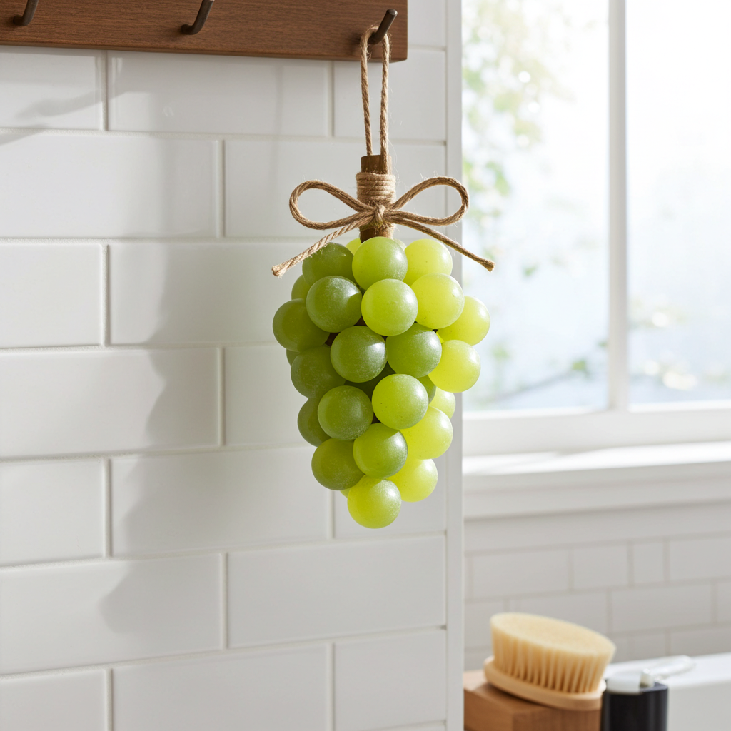 Decorative bunch of green grapes soap hanging on a hook against a white tiled wall.