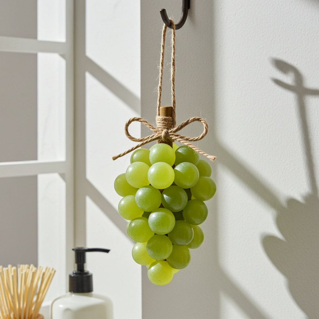 Decorative hanging bunch of green grapes soaps ith a bow on a white wall.
