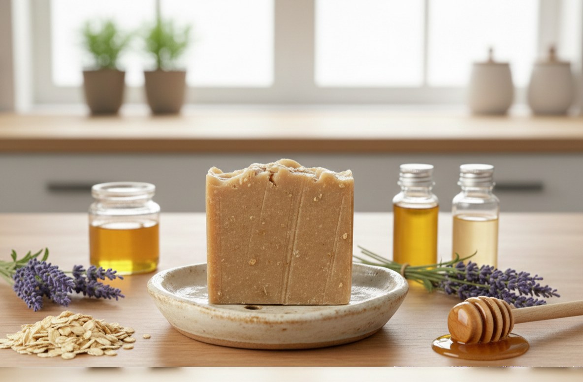 Bar of soap on a plate with honey, lavender, and oats on a wooden table.