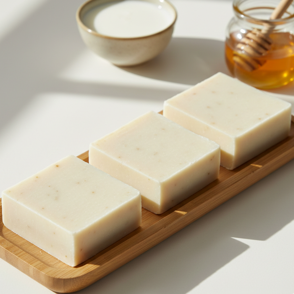 goat Milk Three bars of soap on a wooden tray with a bowl and jar in the background.