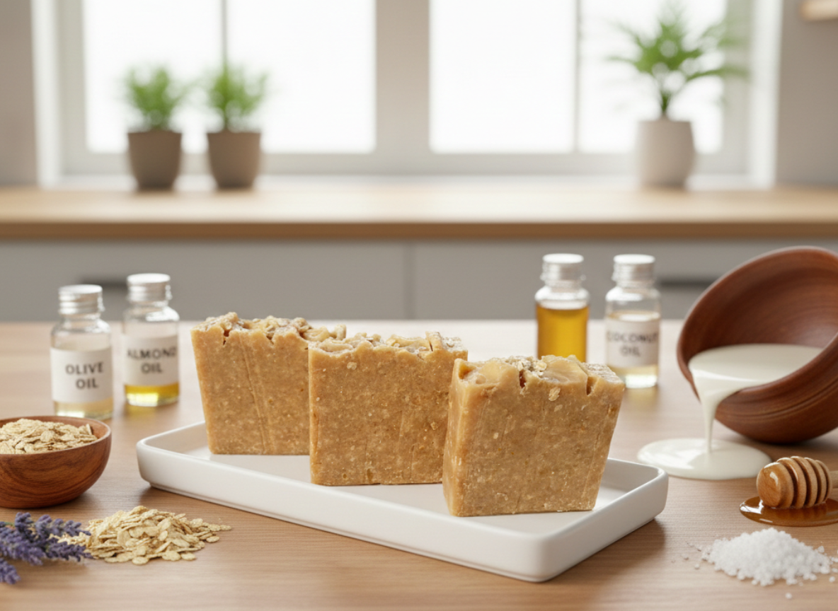 Three bars of soap on a white tray with ingredients and bottles in the background.