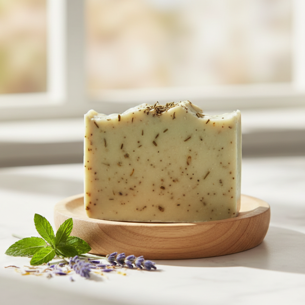  Lavender Bar of soap with specks on a wooden stand, surrounded by lavender flowers and leaves, against a blurred window background.