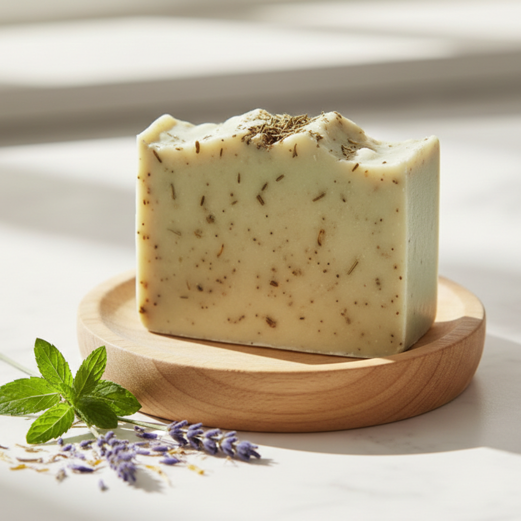 Bar of soap on a wooden stand with lavender and mint leaves on a light background