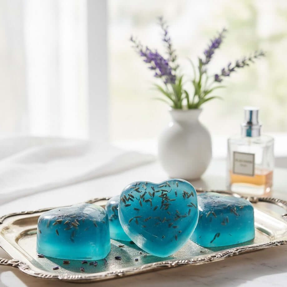 Blue heart-shaped soap with lavender on a silver tray with a blurred background