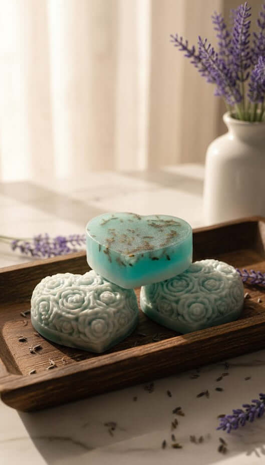 Three green soap bars on a wooden tray with lavender flowers in the background
