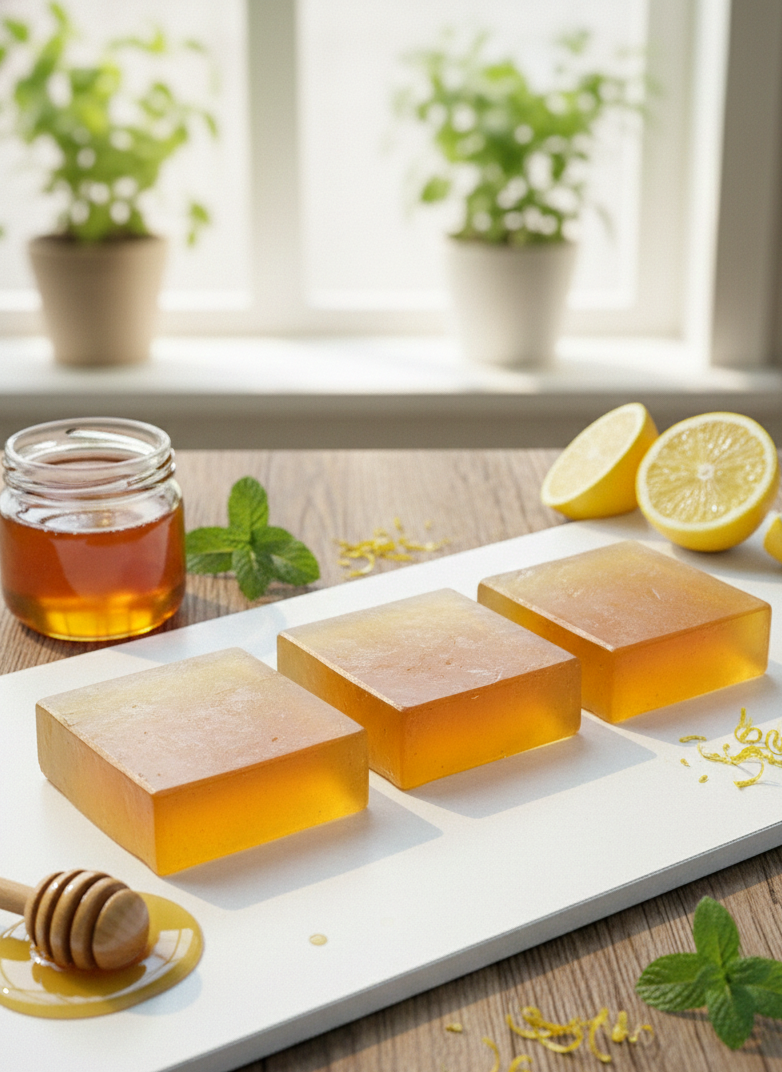 Three square honeycomb-like blocks on a white plate with a jar of honey, lemon slices, and mint leaves in the background.