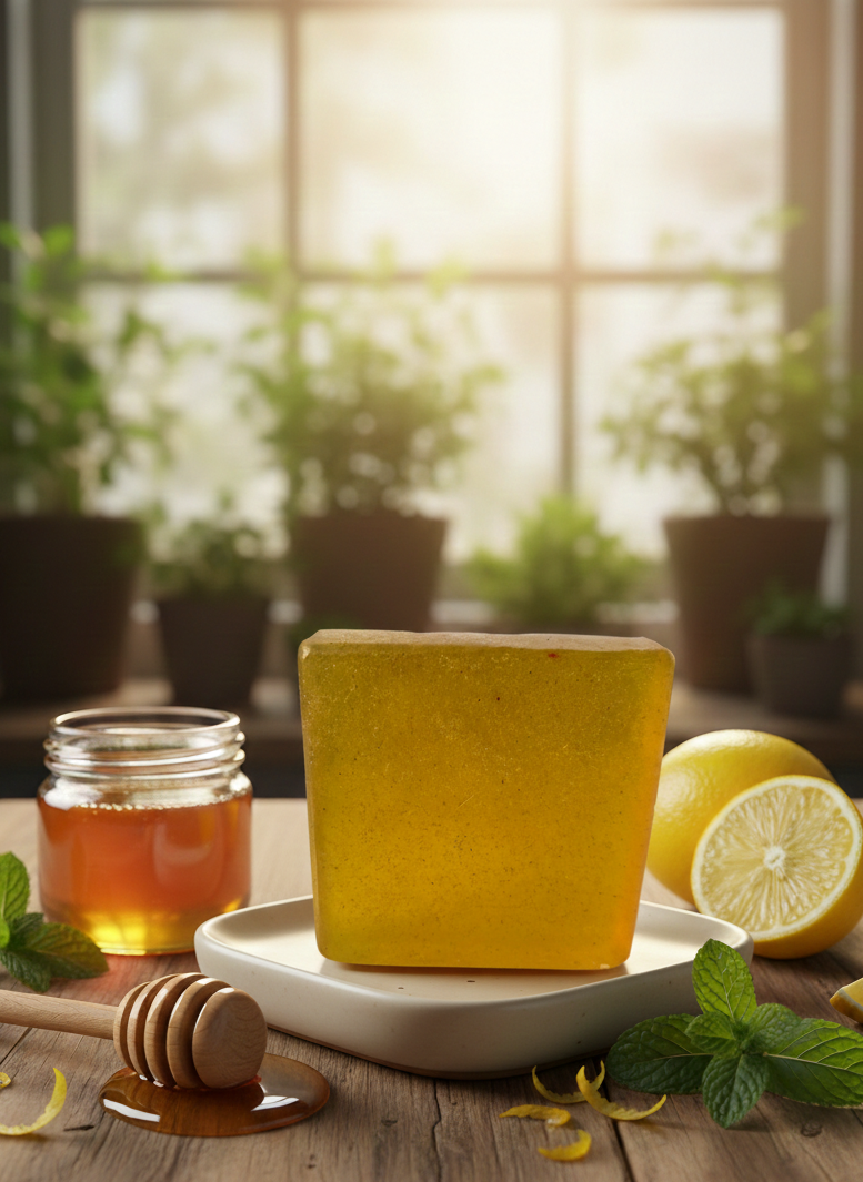 Honeycomb with honey, jar of honey, and lemons on a wooden table with a blurred plant background.