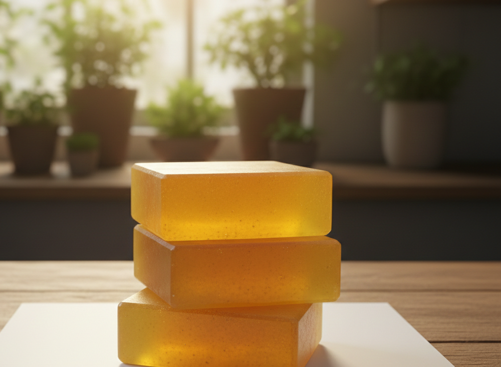 Stack of yellow lemon soap bars on a white surface with a blurred indoor background