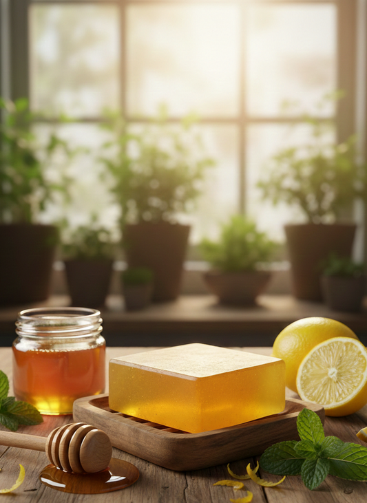 Lemon honey, honeycomb, and lemons on a wooden table with a blurred plant-filled background