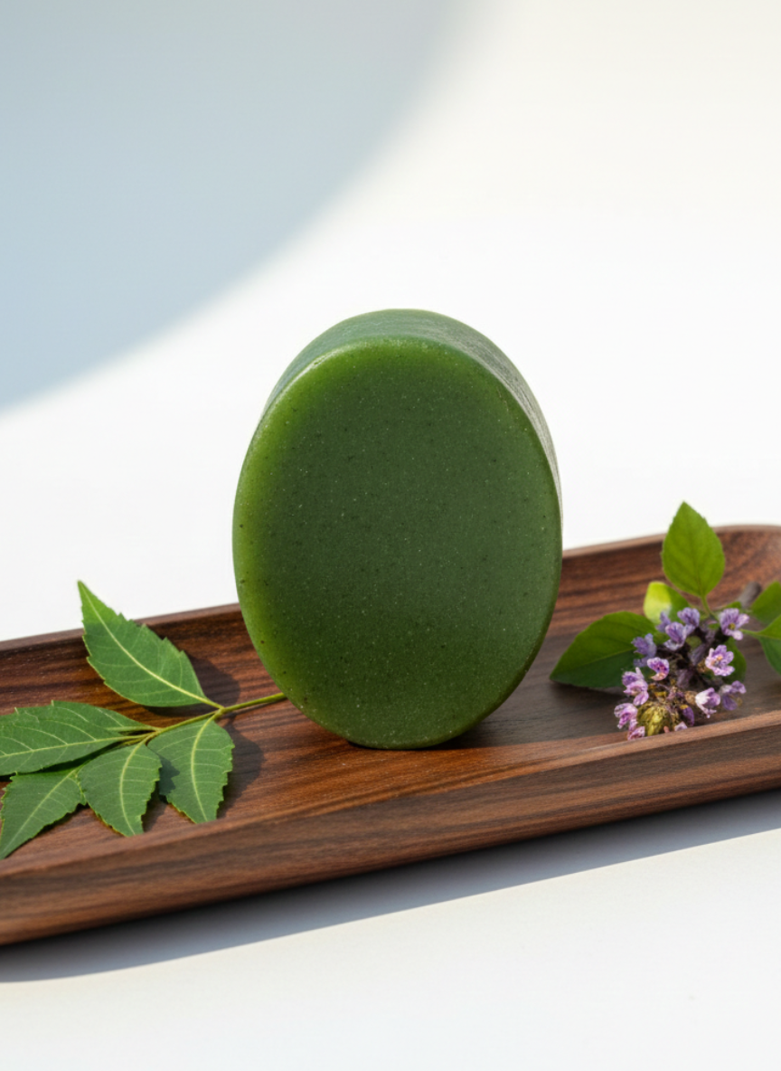 Green bar of soap on a wooden tray with leaves and flowers