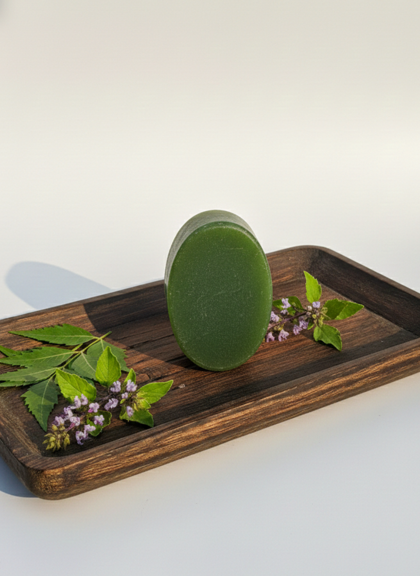 Green bar of soap on a wooden tray with leaves and flowers on a white background