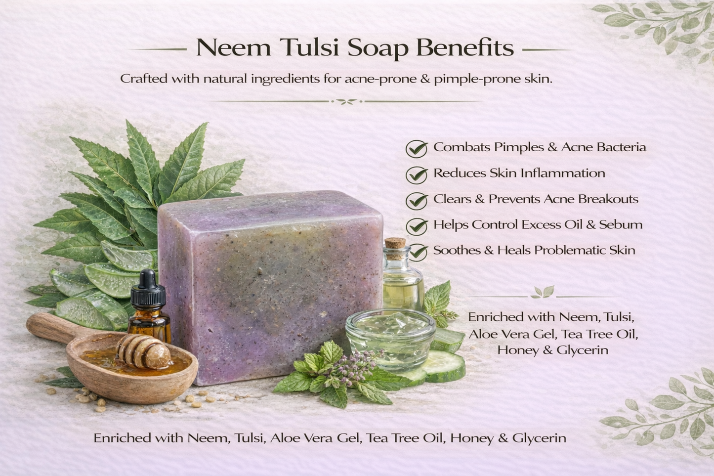 Neem Tulsi soap with benefits listed on a white background
