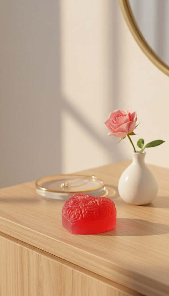 Red decorative item on a wooden surface with a white vase and pink flower in the background.