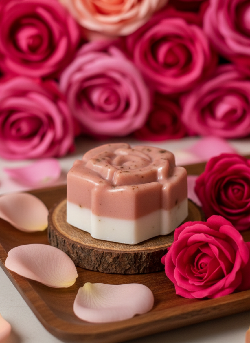 Rose Soap on a wooden board with pink roses and petals in the background