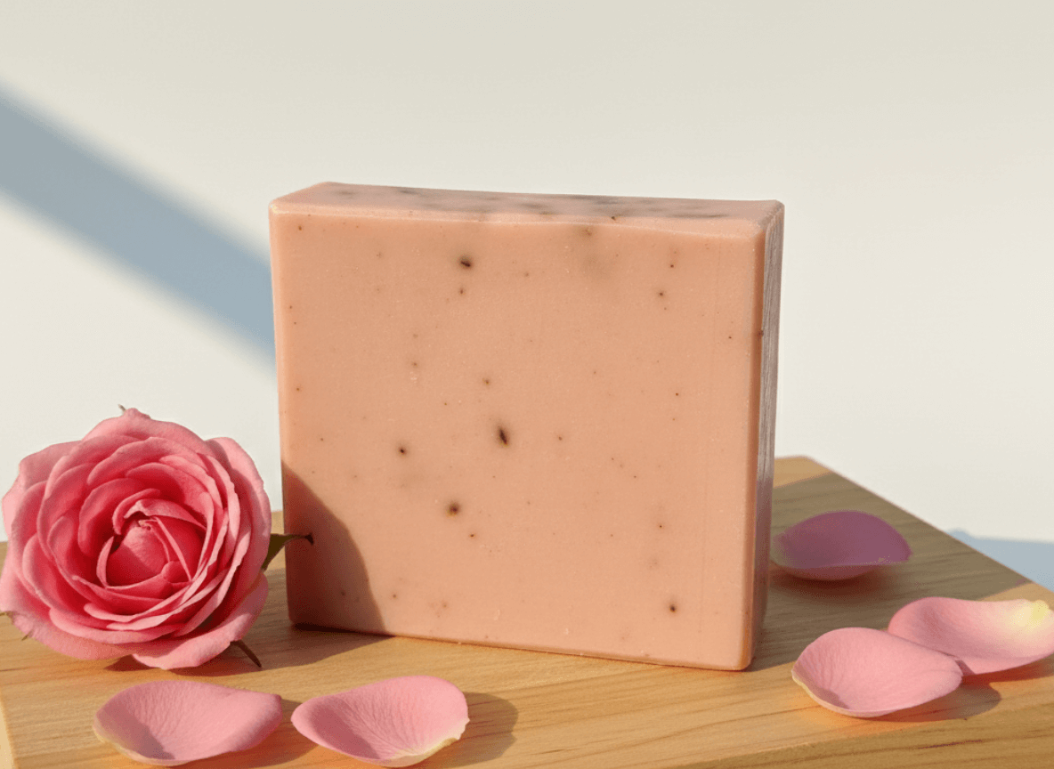 Bar of soap with a pink rose and petals on a wooden surface