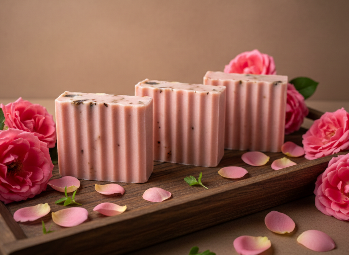Pink soap bars on a wooden tray with pink flowers and petals on a brown background