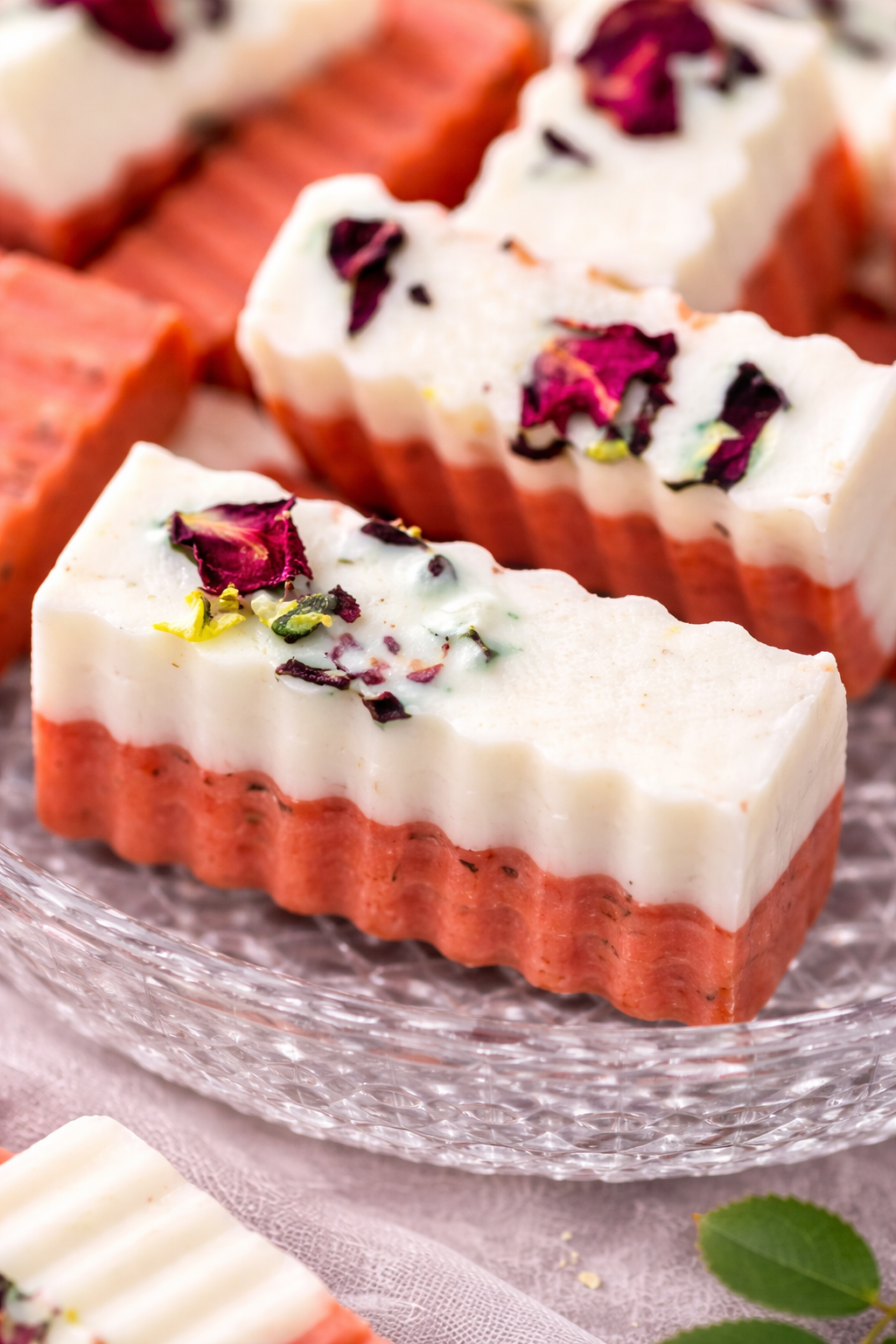 White and red layered dessert Rose bars with dried rose petals on a clear glass plate.