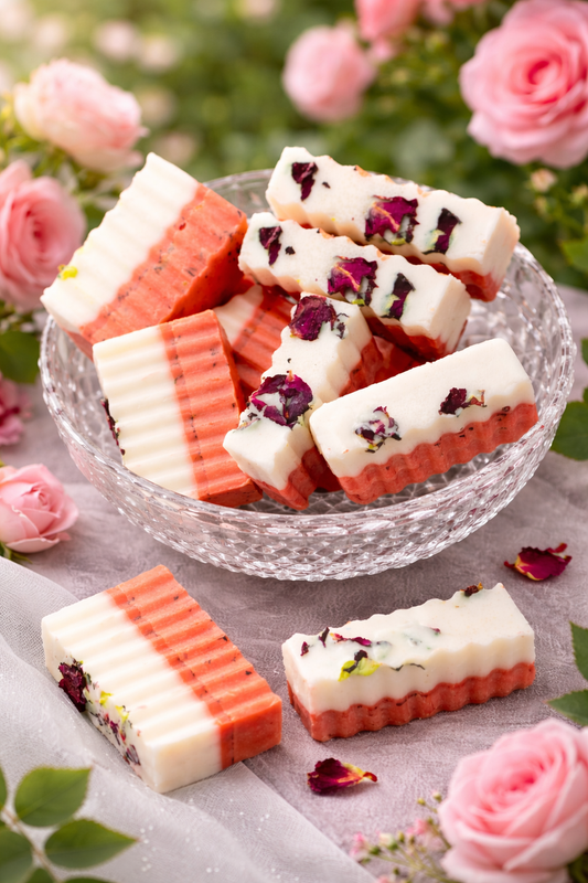 Decorative Soap with rose petals in a glass bowl surrounded by pink roses.