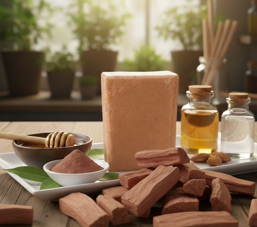 Aromatherapy setup with essential oils, honey, and Sandal wooden sticks on a wooden surface.