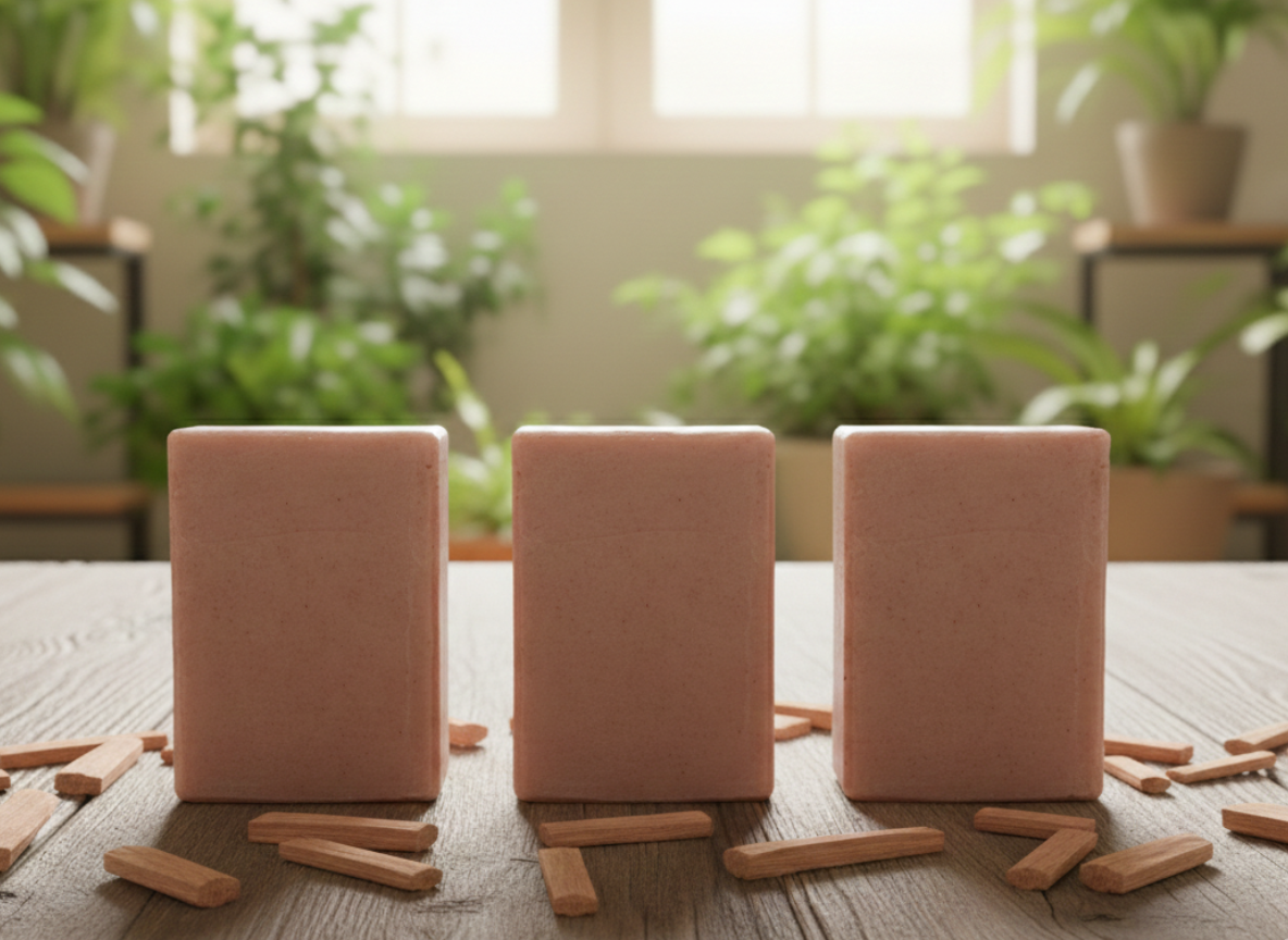 Three SandalWood soap on a wooden surface with Sandalwood pieces, surrounded by Soaps