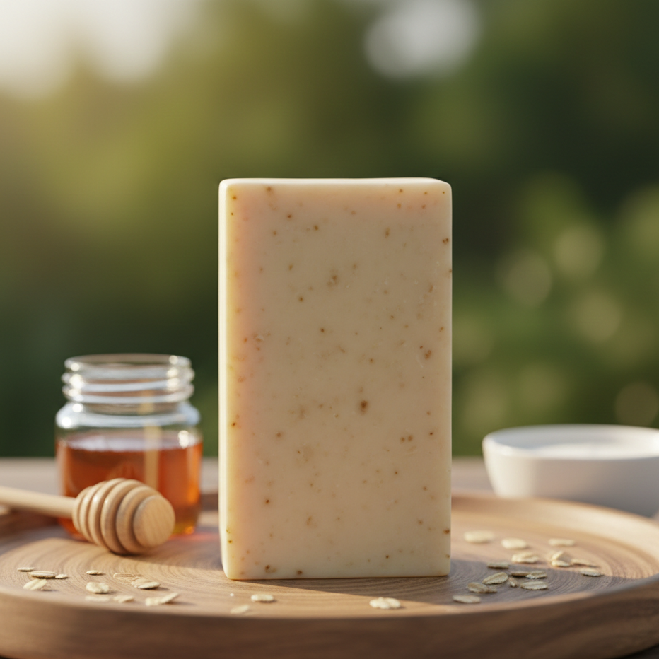 Skin Brightening Goat Milk soap with honey jar and wooden honey dipper on a wooden surface with a natural background