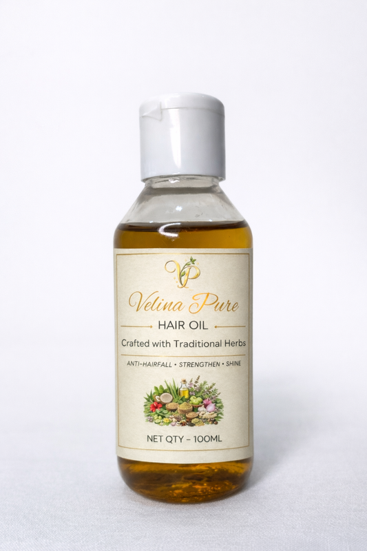 Bottle of Vetina Pure hair oil on a white background