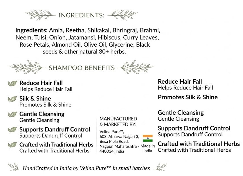 Product label with ingredients and benefits of a shampoo, including traditional herbs and manufacturing details.