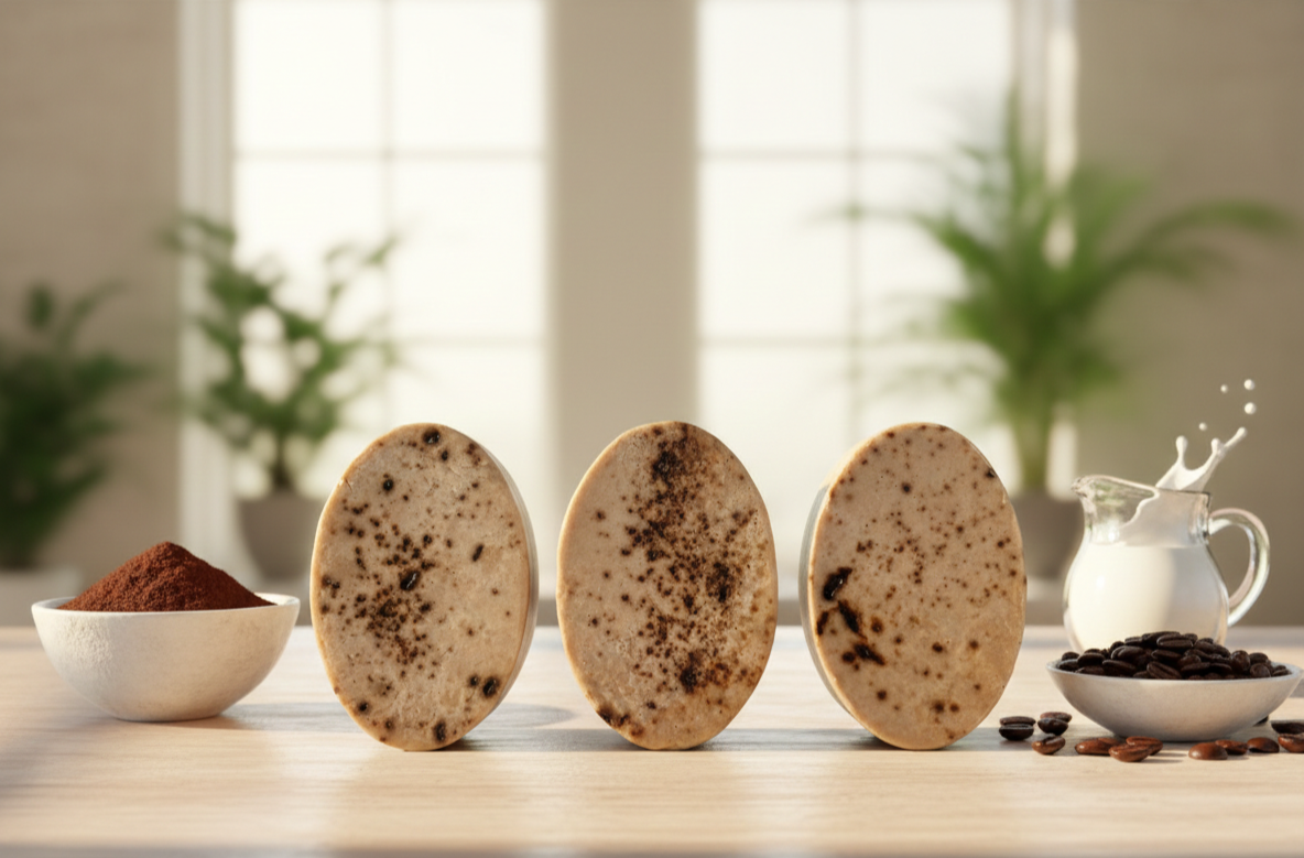 Three oval Cofee Soap  with Cofee Seeds on a wooden table with a blurred background