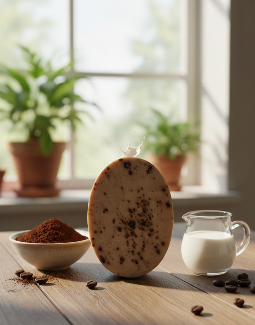 oval shape cofee Milk Soap on a wooden table with a window and plants in the background