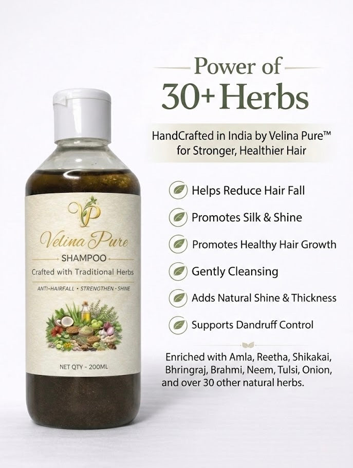 Velina Pure shampoo bottle with herbal ingredients listed on a white background