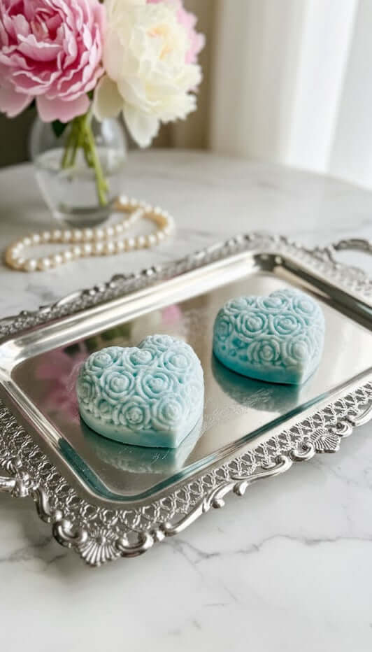 Two turquoise Lavender -shaped soaps on a silver tray with pink flowers in the background.