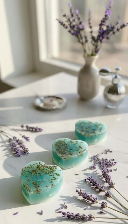 Heart-shaped turquoise bath bombs with lavender on a white surface with a vase of lavender in the background.