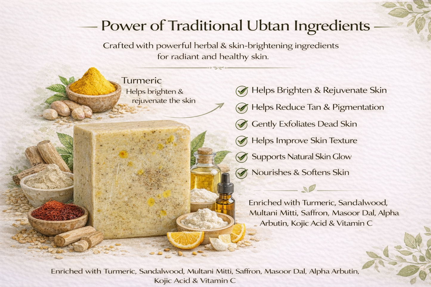 Traditional Ubtan ingredients with text highlighting their benefits for skin health.